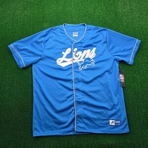 Detroit Lions Jersey Mens XL Blue Button Up NFL Ultra Game Baseball Mesh NWT